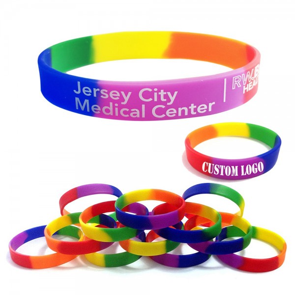 Rainbow Silicone Wristbands With Debossed Color filled Logo