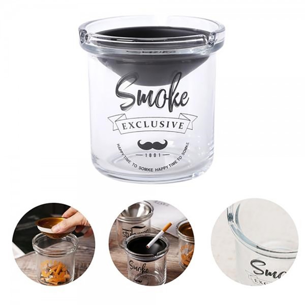 Glass Ashtray With Stainless Steel Funnel Lid Windproof Cig