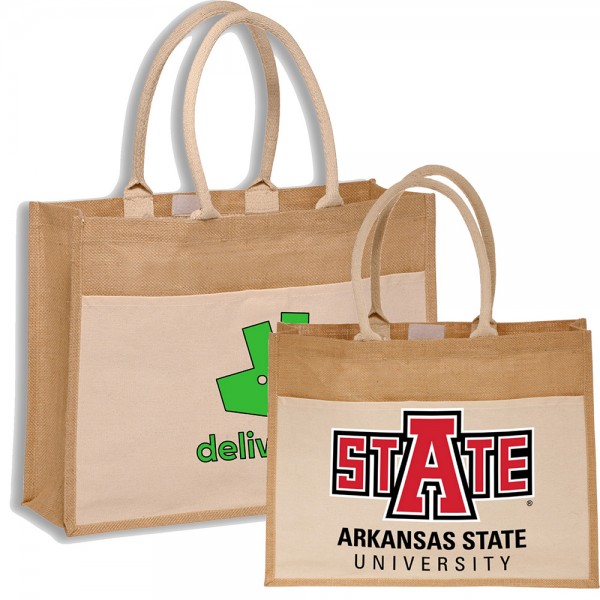 Grocery Jute Tote Bag w/Front Pocket