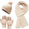 Winter Knit Hat Beanie Long Scarf Touchscreen Gloves Set